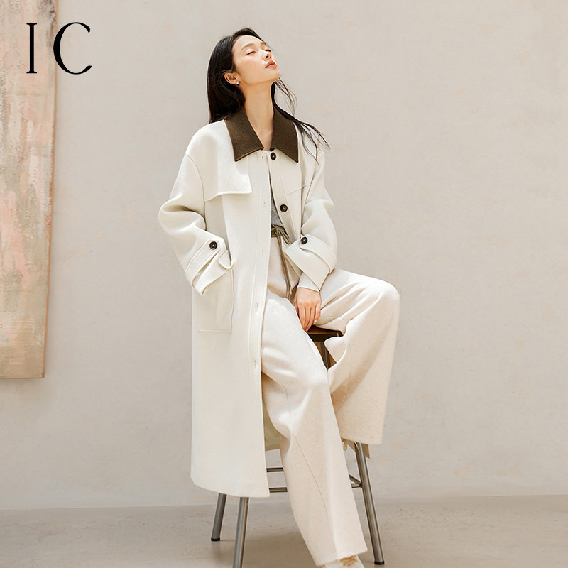 13232360.肌理感拼接斜纹撞色领毛呢大衣女2025新款秋冬减龄通勤休闲外套