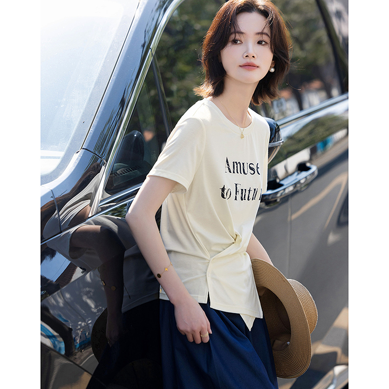 13233487.【含莱赛尔】夏季简约风交叉重叠下摆显瘦小个子藏肉t恤女高级感