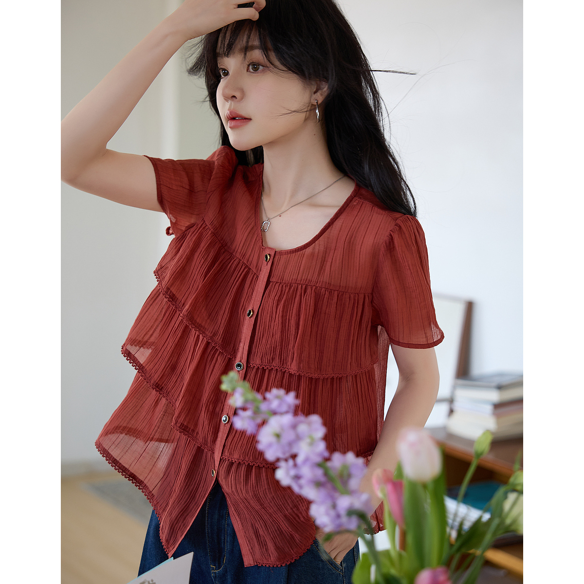 13232689.【卡罗拉玫瑰】夏季甜美风莱赛尔花边圆领衬衫肌理感衬衣女装上衣