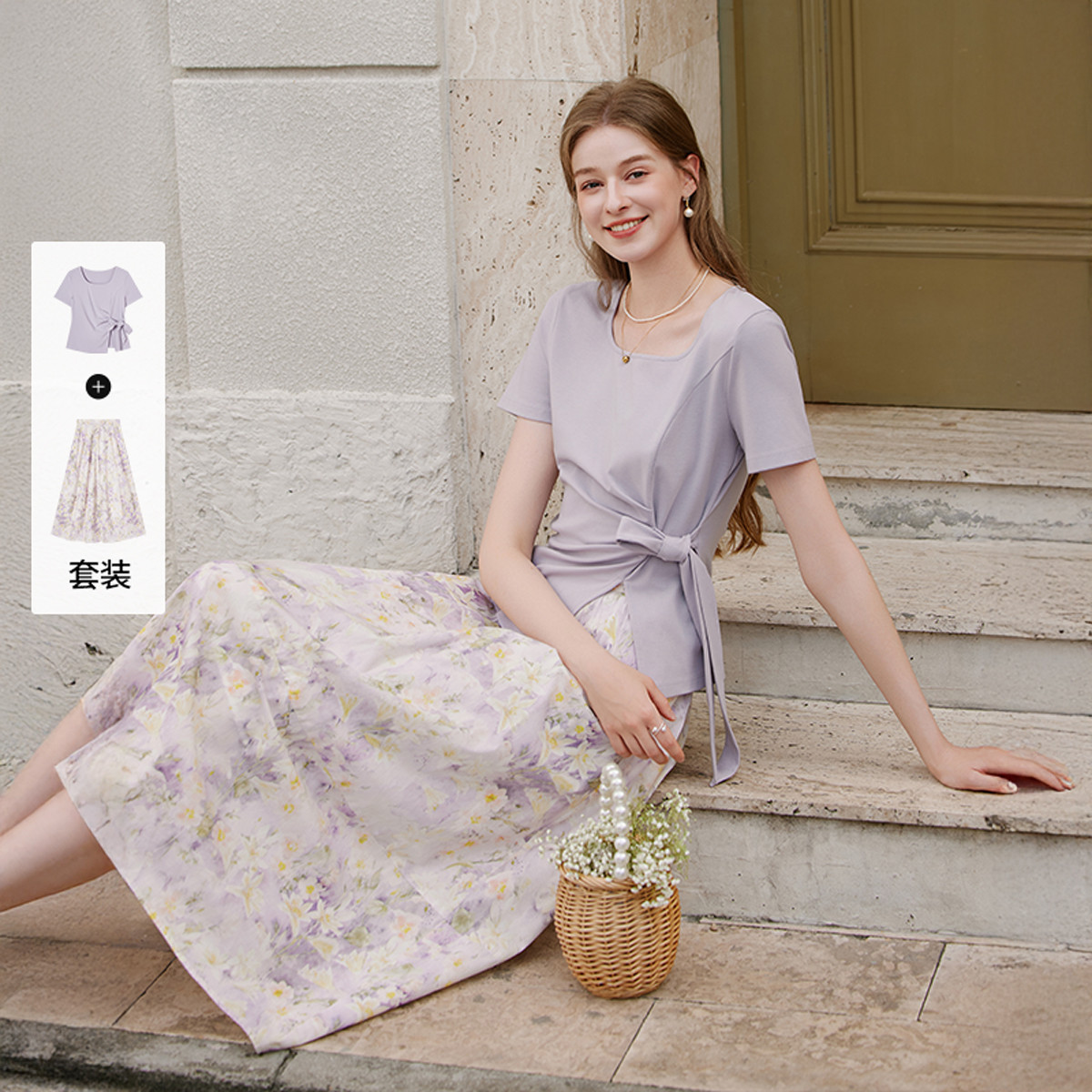 13233542.2026夏装法式碎花套装裙女方领绑带t恤半身裙两件套