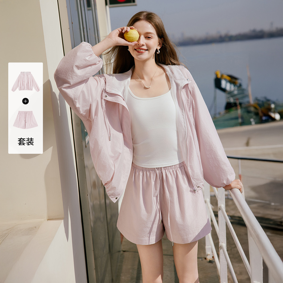 13233129.2026夏装连帽休闲运动套装女两件套轻户外一整套穿搭