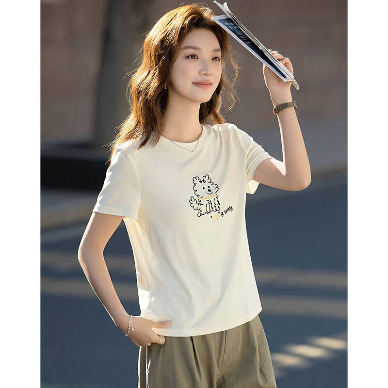 13233522.【含莱赛尔】夏季圆领小狗线条印花短袖高弹修身显瘦t恤女高级感