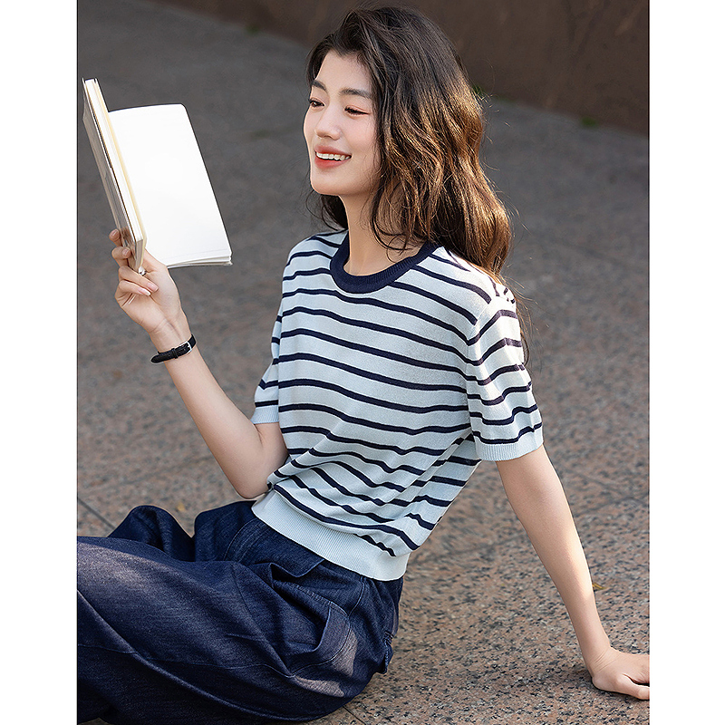 13232906.【智趣条纹】夏季含亚麻莱赛尔线衫撞色宽松显瘦针织衫女上衣