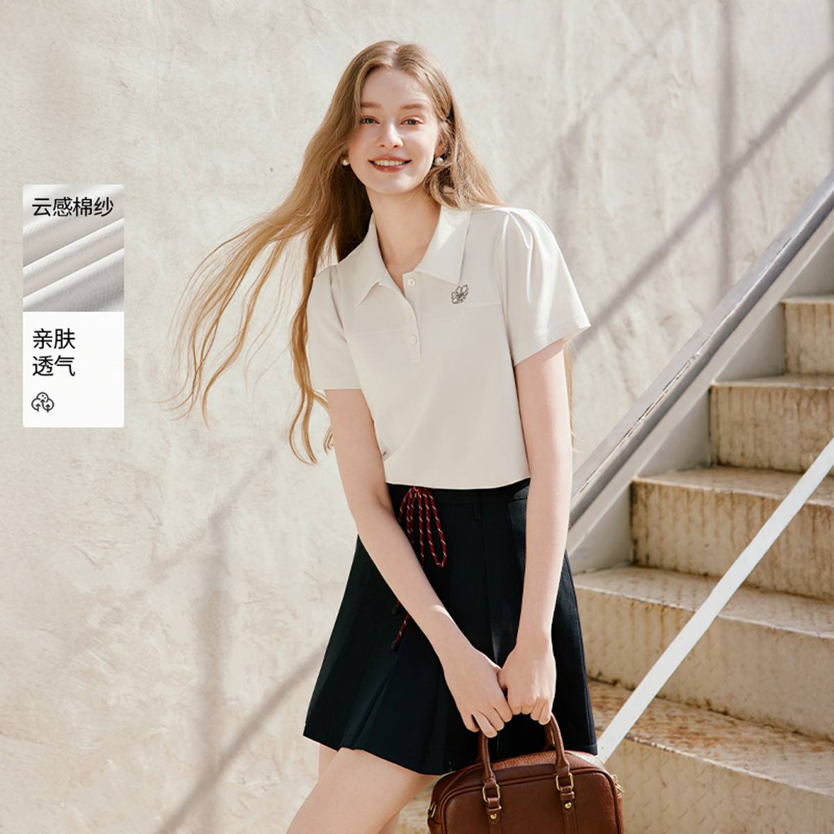 13232758.2026夏装学院风polo领t恤女短袖泡泡袖正肩短款上衣