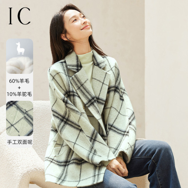 13232362.高级感复古格子双面呢大衣外套女2025冬季新款毛呢西装休闲上衣