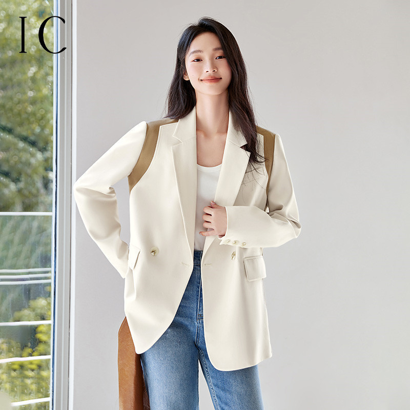 13232328.设计拼接长袖撞色气质西装女2025新款高级感休闲通勤百搭上衣