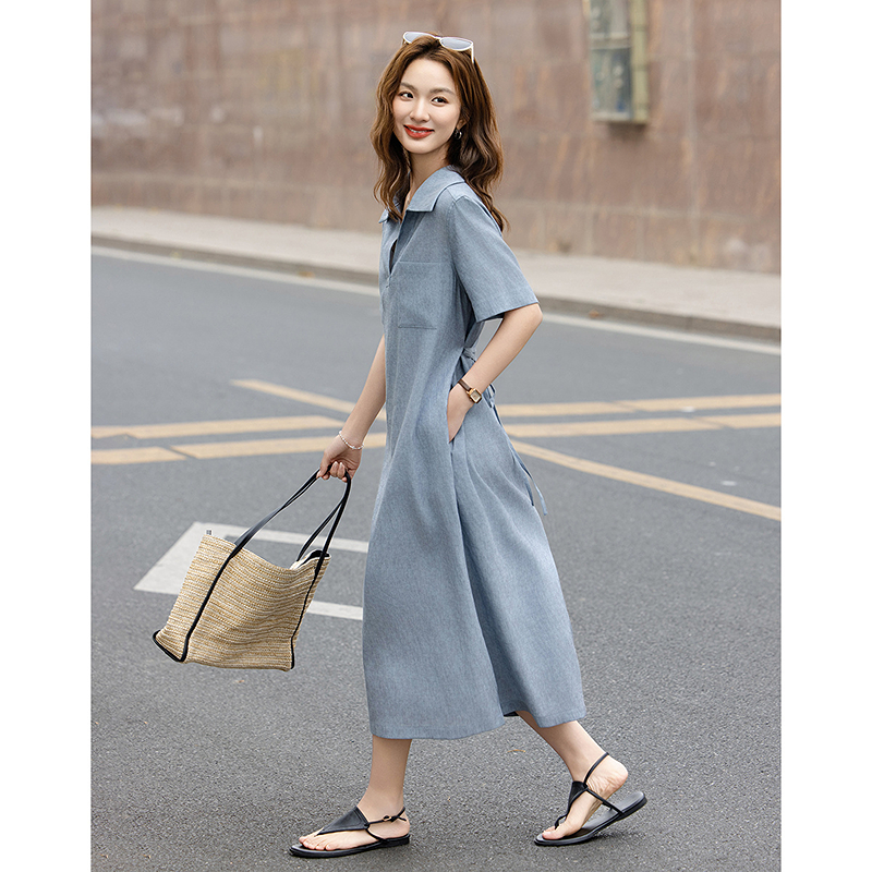 13232916.【含亚麻】夏季都市优雅V字翻领宽松显瘦可收腰连衣裙女高级感