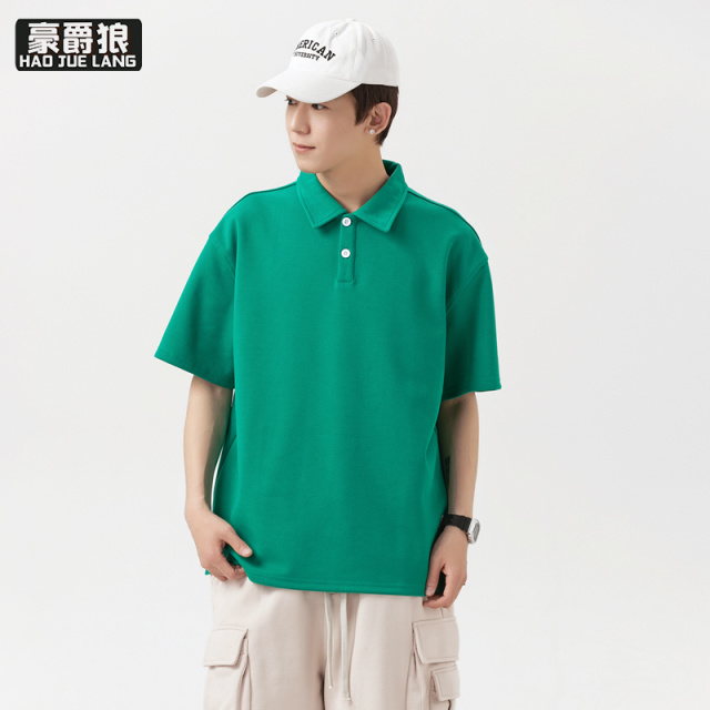 13233994.轻熟风痞帅翻领短袖男士Polo衫休闲商务美式正肩t恤黑色重磅上衣