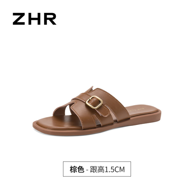 13241474.【ZHR则则】平底拖鞋露趾套脚平底女鞋[牛剖层移膜革]