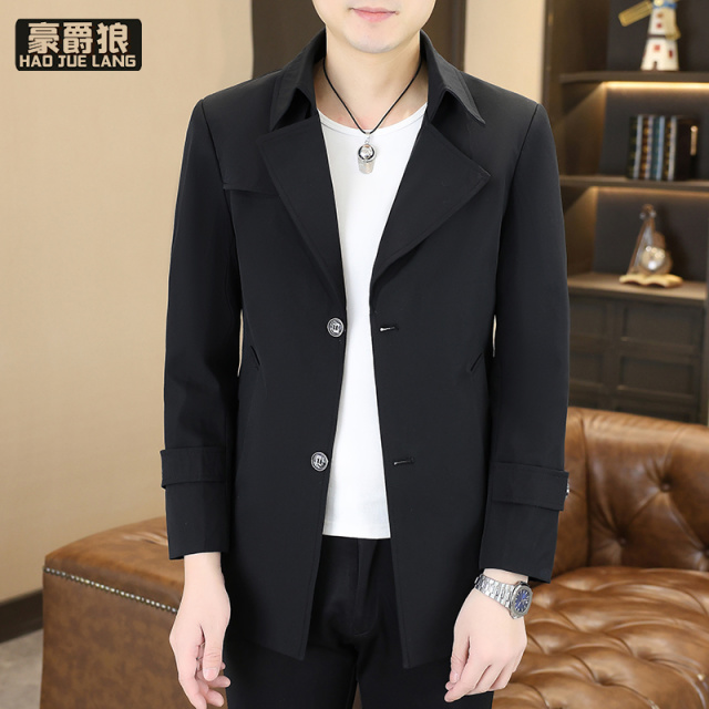 13233929.春秋新款中长款风衣外套男青年时尚休闲英伦风百搭纯色夹克潮