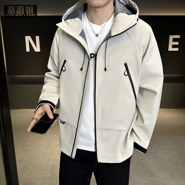 13233963.男士连帽夹克春秋新款防风防水宽松休闲男外套时尚百搭上衣