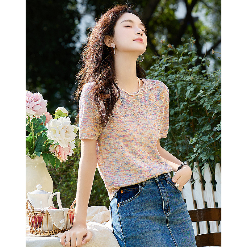 13239039.【清新欧若风】夏季含亚麻/棉线衫花纱小个子显瘦针织衫女上衣