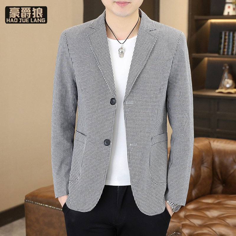 13233928.春秋季格子西装外套男韩版潮流修身休闲小西服高级感帅气单西上衣