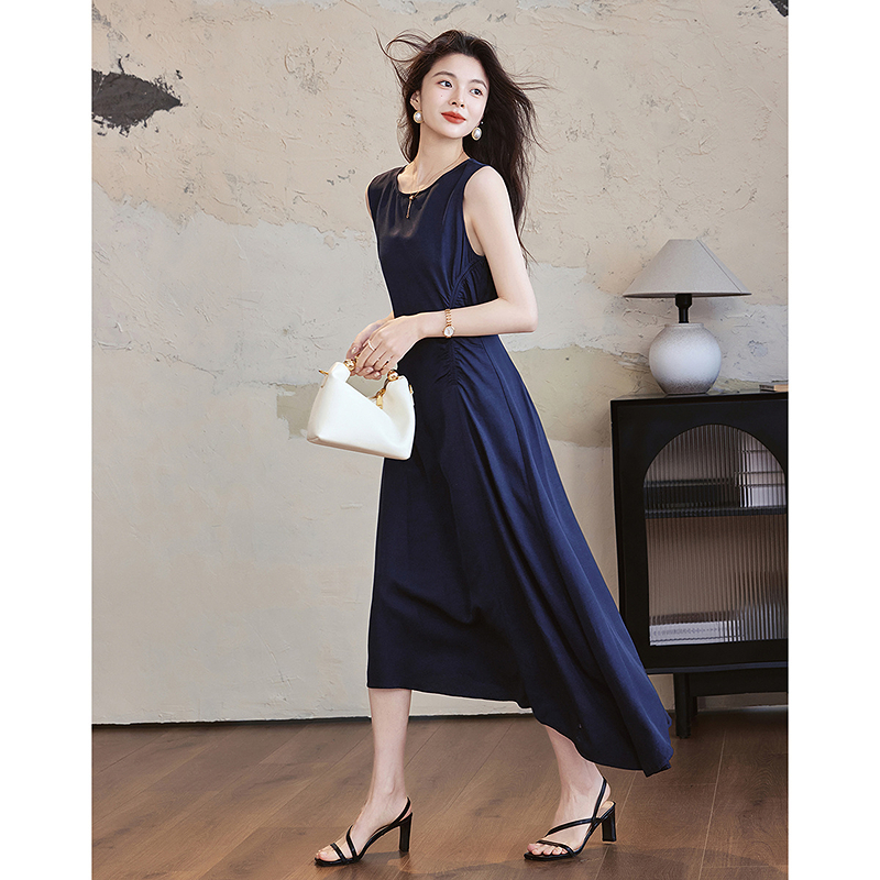 13239341.【含亚麻/莱赛尔】夏季自然主义收褶腰不规则下摆显瘦女式连衣裙