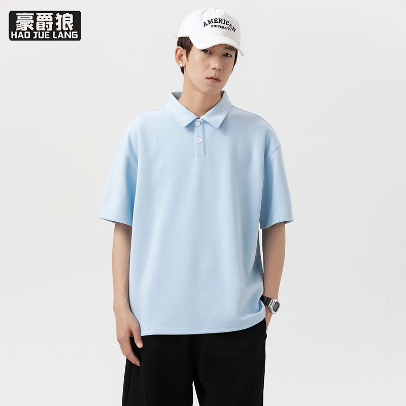 13233994.轻熟风痞帅翻领短袖男士Polo衫休闲商务美式正肩t恤黑色重磅上衣