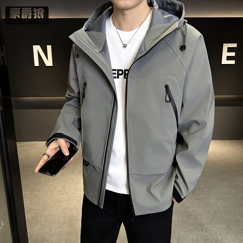 13233963.男士连帽夹克春秋新款防风防水宽松休闲男外套时尚百搭上衣