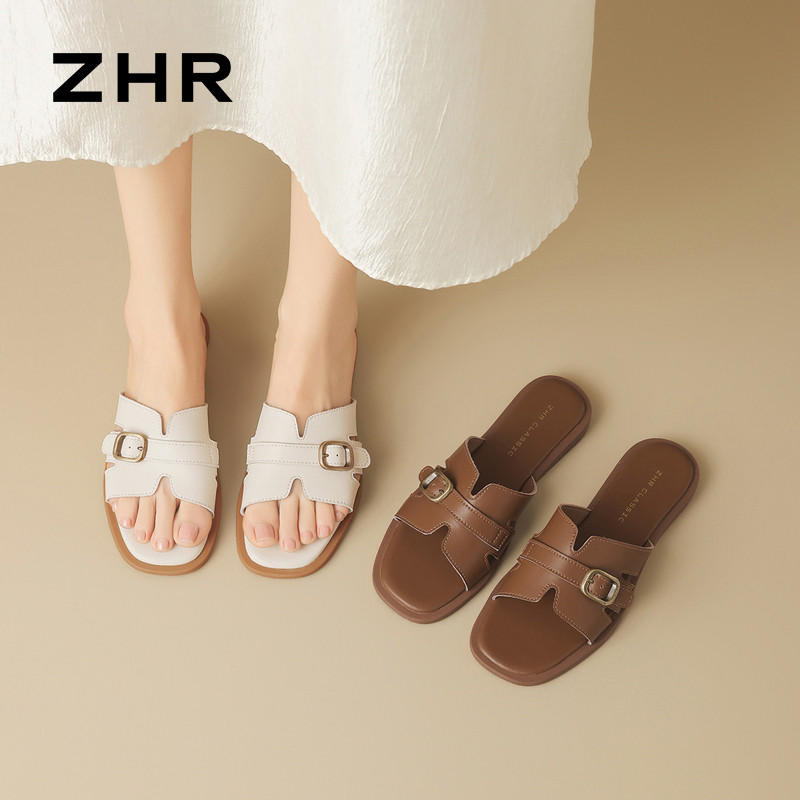 13241474.【ZHR则则】平底拖鞋露趾套脚平底女鞋[牛剖层移膜革]