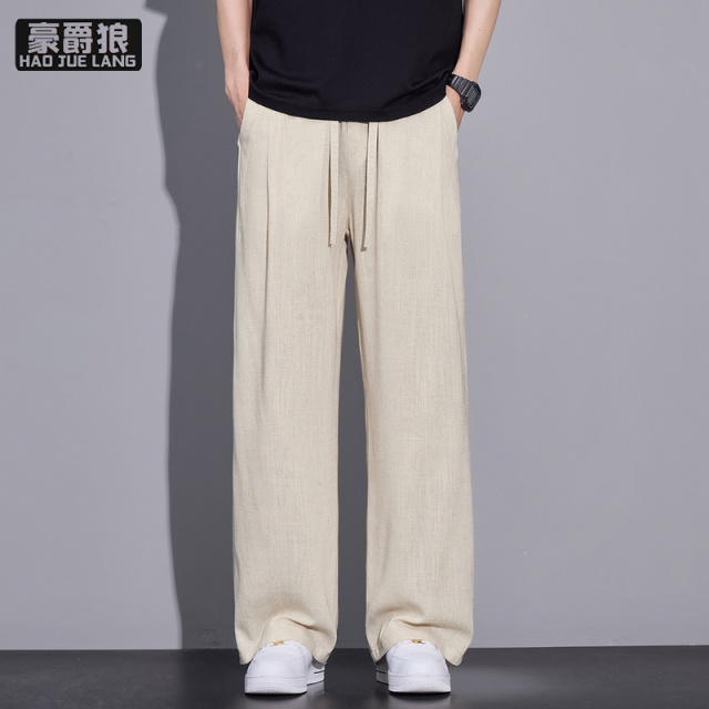 13233894.冰丝亚麻阔腿裤男士美式潮牌宽松直筒米白色休闲长裤时尚夏季新款