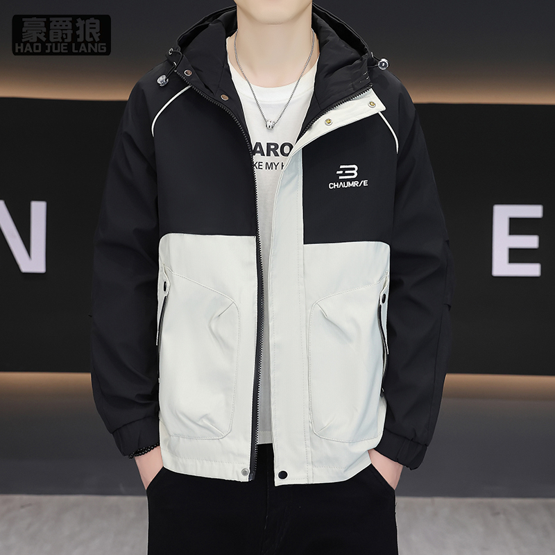 13233941.新款外时尚潮流男士百搭夹克衫长袖青春流行青年拼色撞色