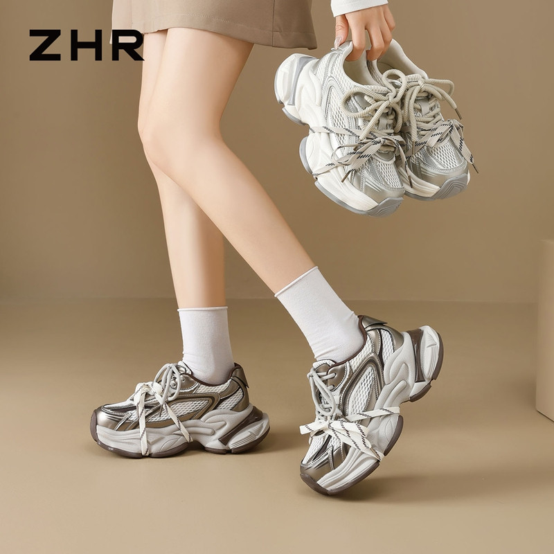 13241323.【ZHR则则】老爹鞋圆头系带厚底女鞋[PU+网布]