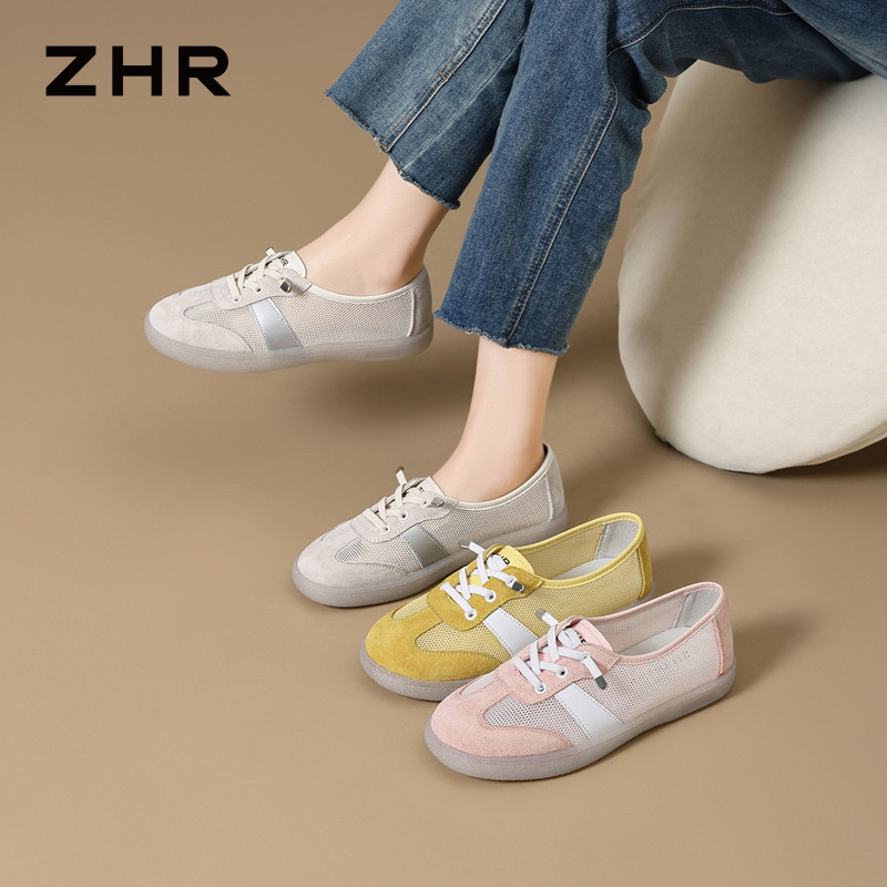13241320.【ZHR则则】德训鞋圆头松紧带平底女鞋[网布+头层猪皮+PU]