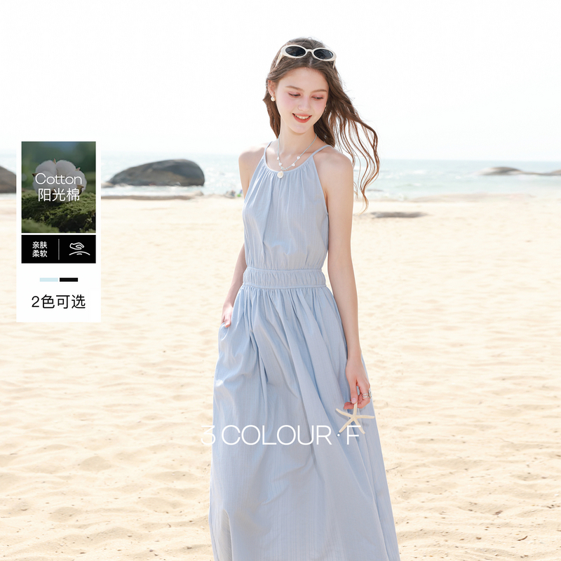 13213644.【100棉】三彩独醒2026夏季新款圆领吊带连衣裙收腰A字裙大摆裙F