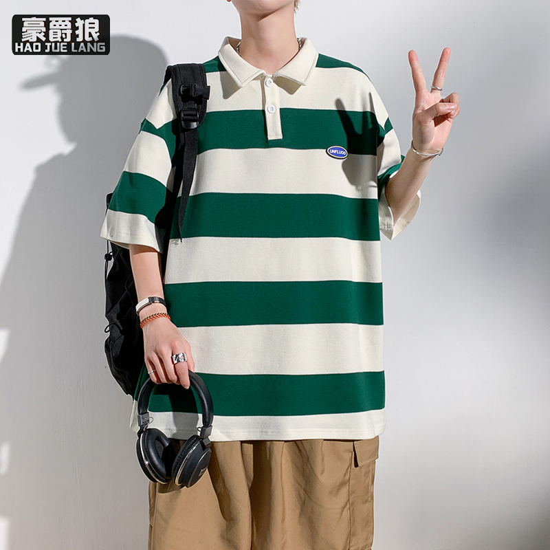 13233954.新款短袖t恤男生Polo衫美式复古潮牌条纹宽松情侣翻领T恤上衣