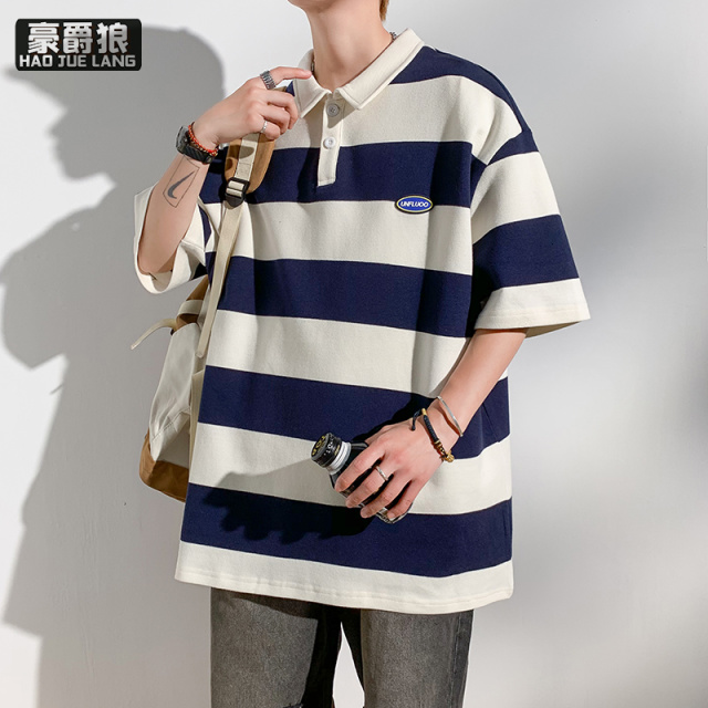 13233954.新款短袖t恤男生Polo衫美式复古潮牌条纹宽松情侣翻领T恤上衣