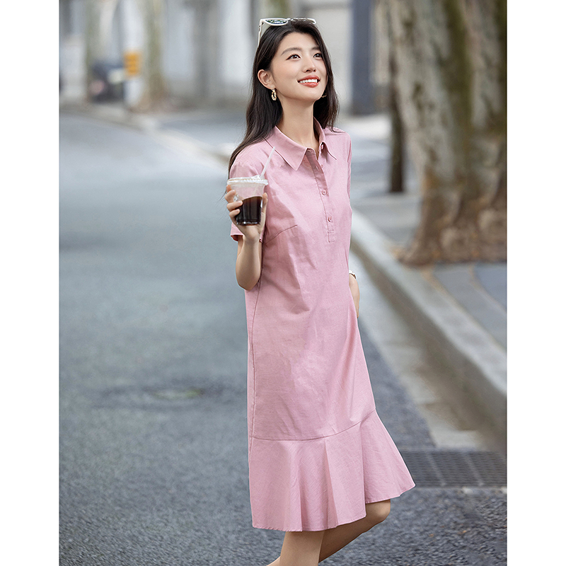 13239325.【亚麻棉竹节】夏季简约通勤翻领短袖荷叶边鱼尾A字女式连衣裙
