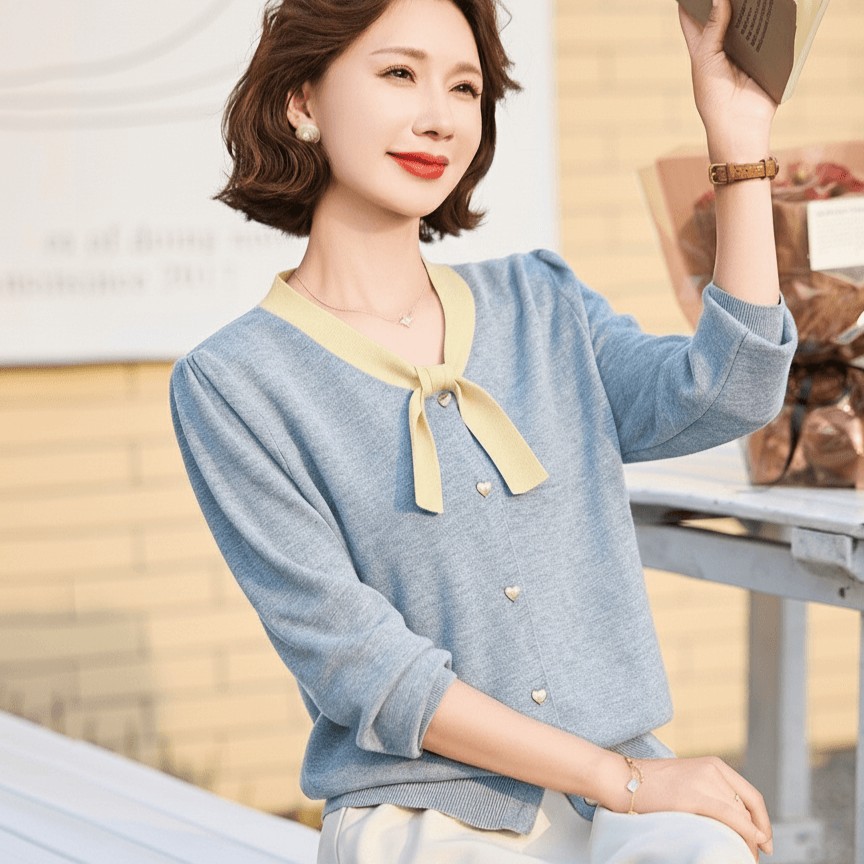 13244069.中年女式时尚条纹针织衫秋季七分袖系带领上衣中老年妈妈春秋装