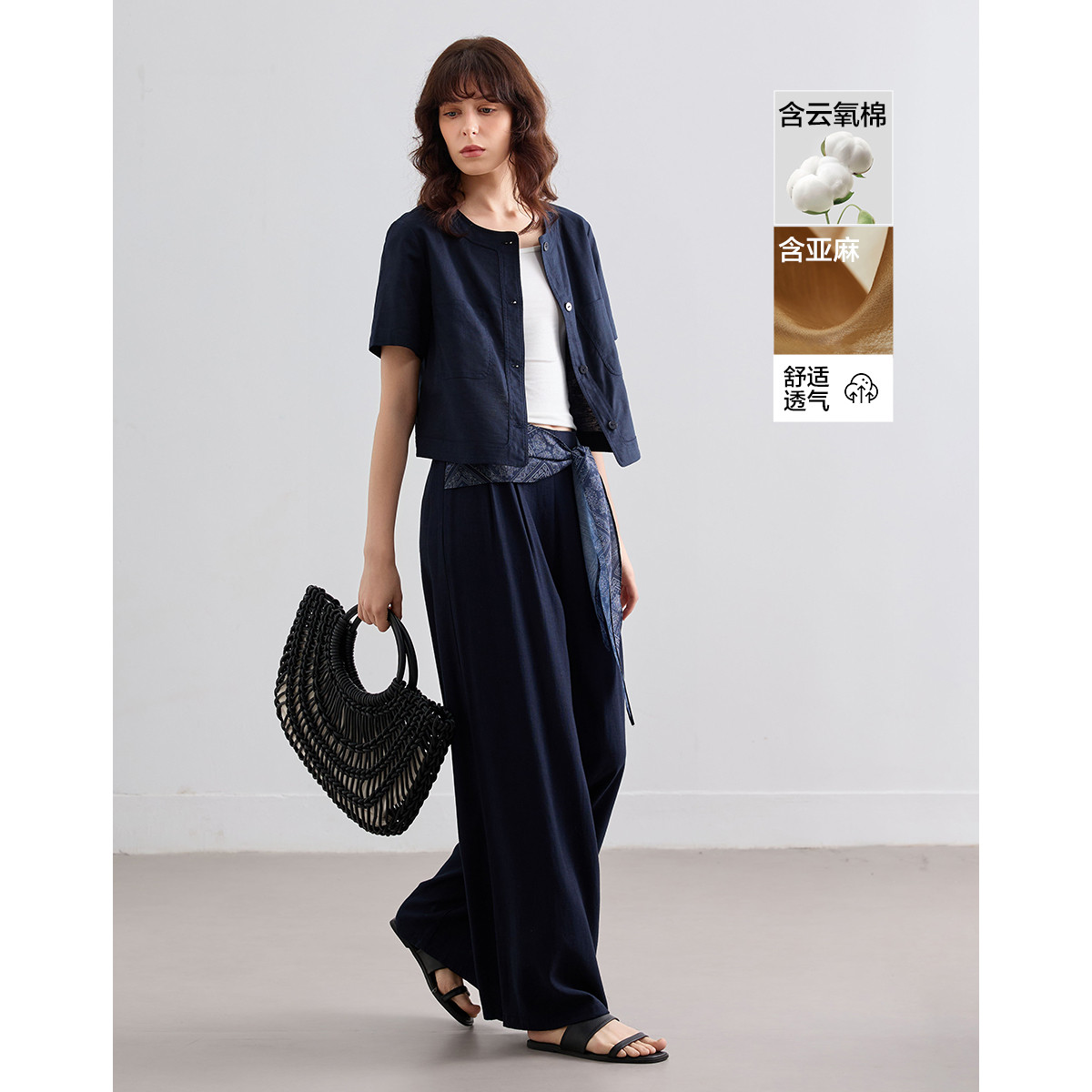 13259606.【含亚麻云氧棉】夏季复古通勤圆领短袖小个子显瘦截短款女式外套