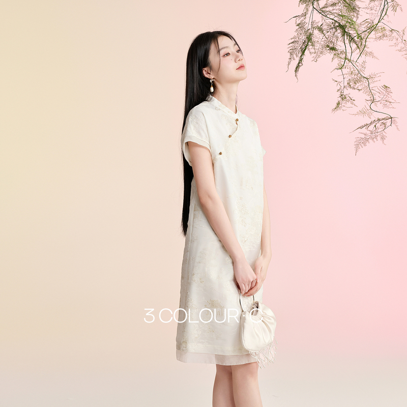 13241919.【素月清辉】三彩2026夏季新款欧根纱绣花短袖连衣裙新中式A字裙C