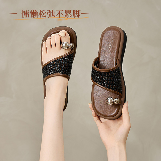 13244694.热风HOTWIND时尚凉拖鞋外穿编织平底轻便夹脚懒人潮流拖鞋