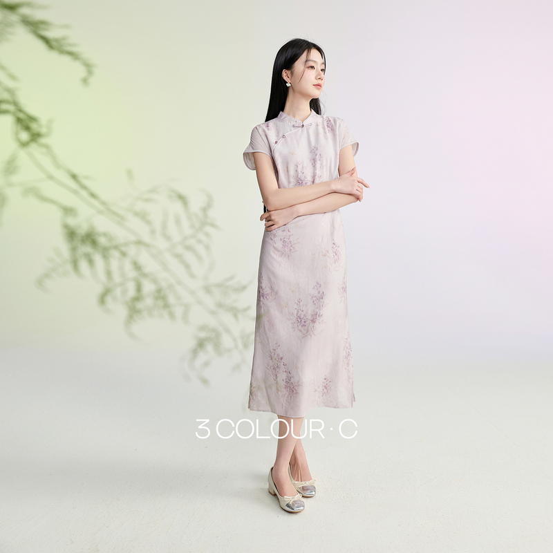 13241916.【巧笑嫣然】三彩2026夏季新款印花立领收腰连衣裙新中式长裙C