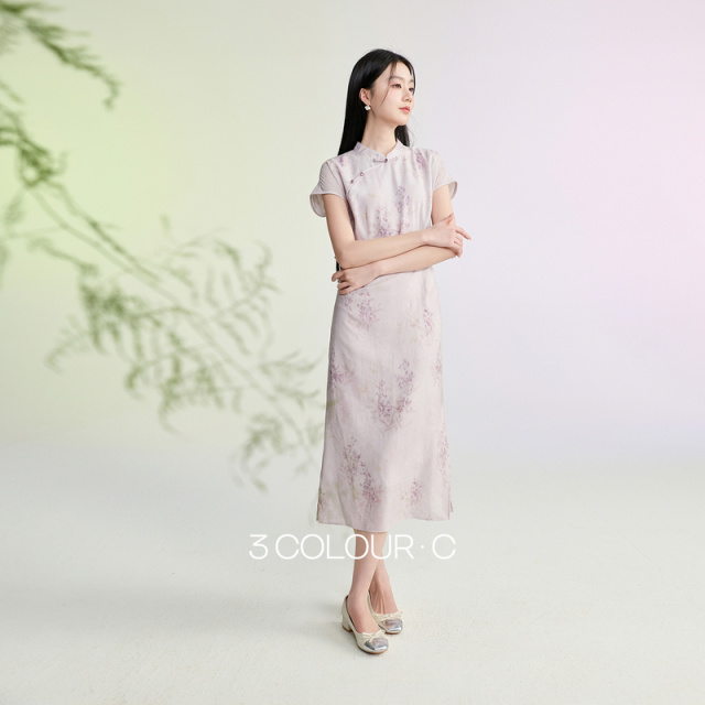 13241916.【巧笑嫣然】三彩2026夏季新款印花立领收腰连衣裙新中式长裙C