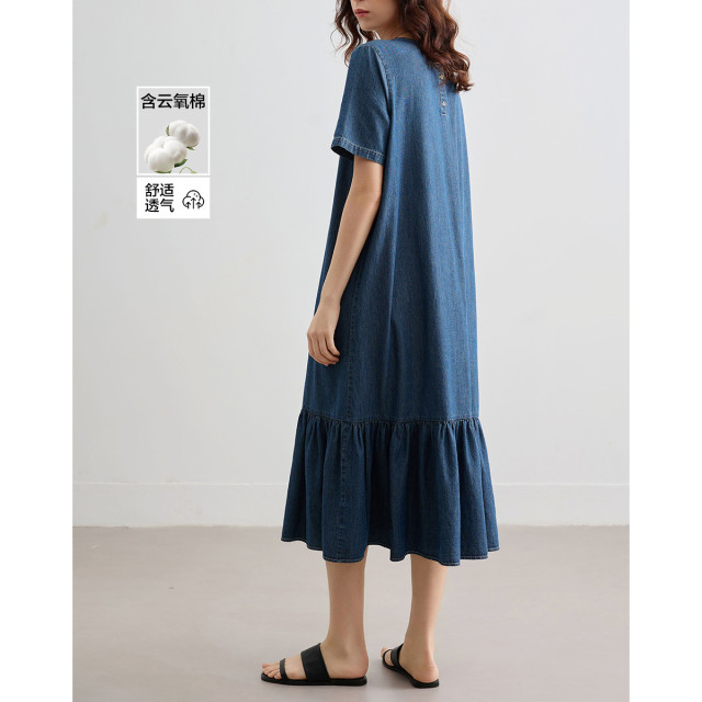 13247898.【自然云氧棉】夏季复古休闲水洗圆领荷叶边A字显瘦女牛仔连衣裙