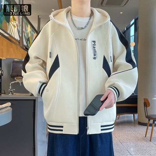 13256223.美式拼接外套男春秋季新款宽松休闲连帽棒球服青少年运动夹克