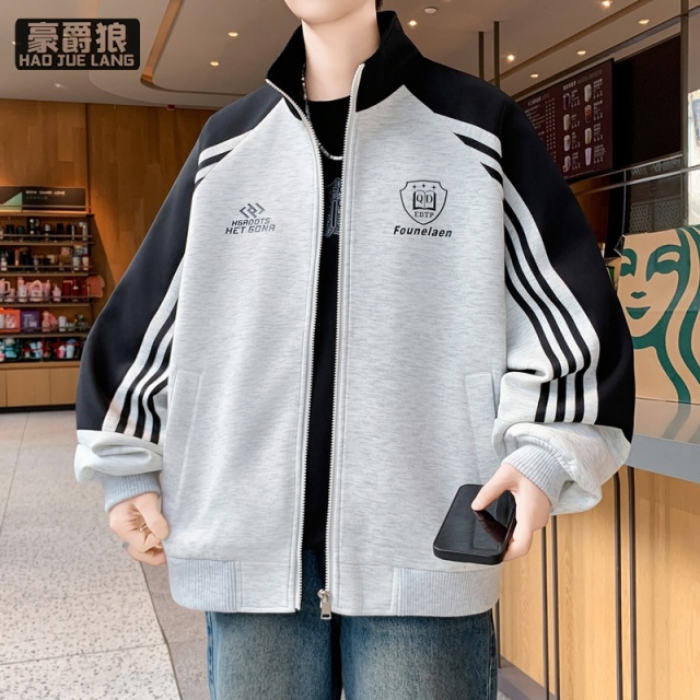13256227.春季拼色条纹外套男宽松休闲潮流刺绣立领夹克青少年百搭运动上衣