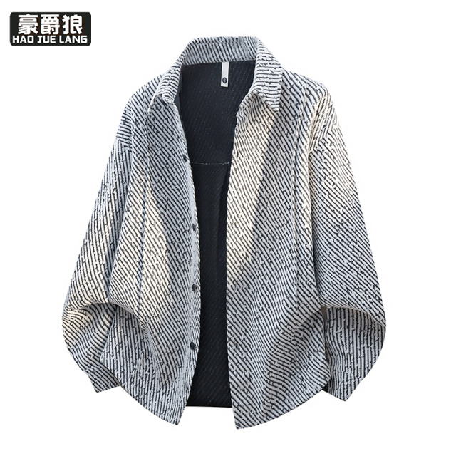 13256241.美式风复古外套男春秋季新款翻领潮流上衣服宽松单排扣设计感夹克