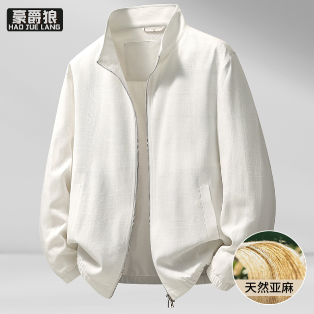 13256283.春秋夹克亚麻料男士长袖衬衫宽松休闲透气百搭翻领衬衣薄外套