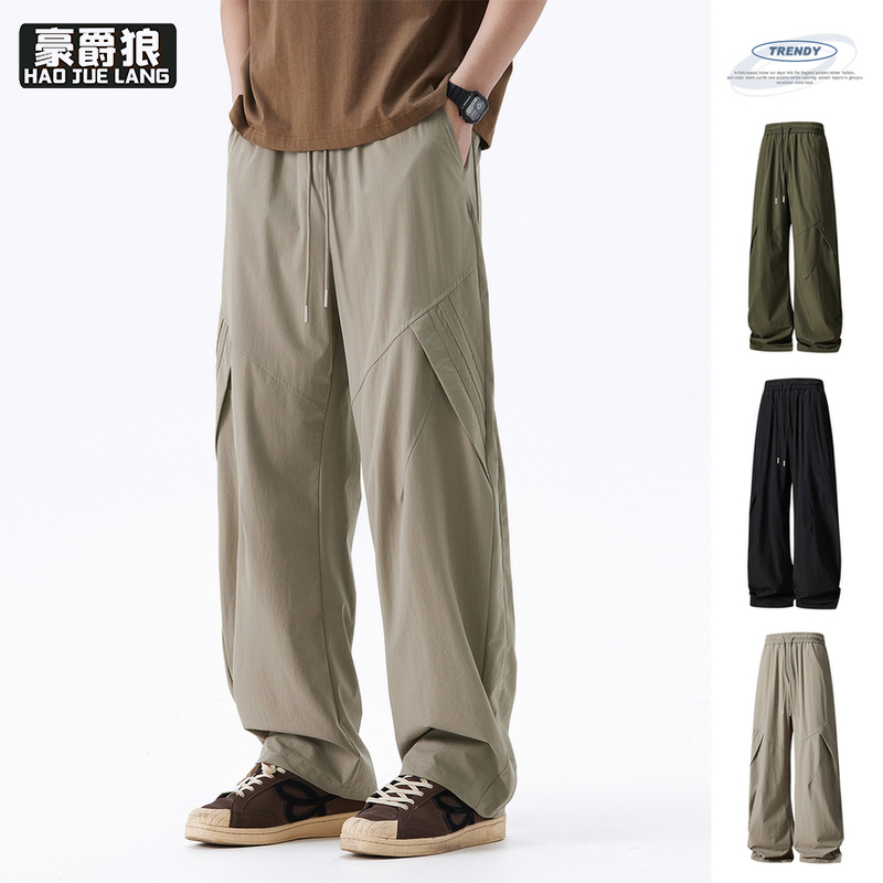 13256259.美式工装裤男款直筒宽松休闲裤男生裤子春夏季褶皱阔腿裤男士伞兵裤