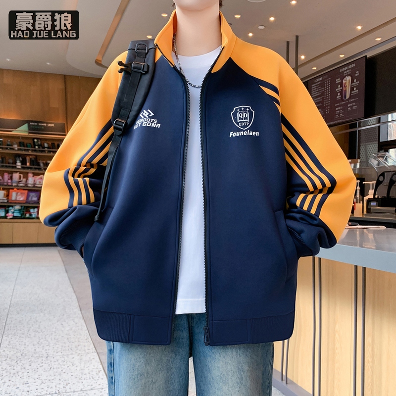 13256227.春季拼色条纹外套男宽松休闲潮流刺绣立领夹克青少年百搭运动上衣