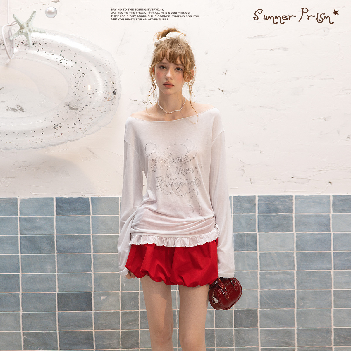 13338395.【26年春新品】韩系少女时髦一字肩烫钻设计慵懒随性百搭宽松T恤U261G333G1G1