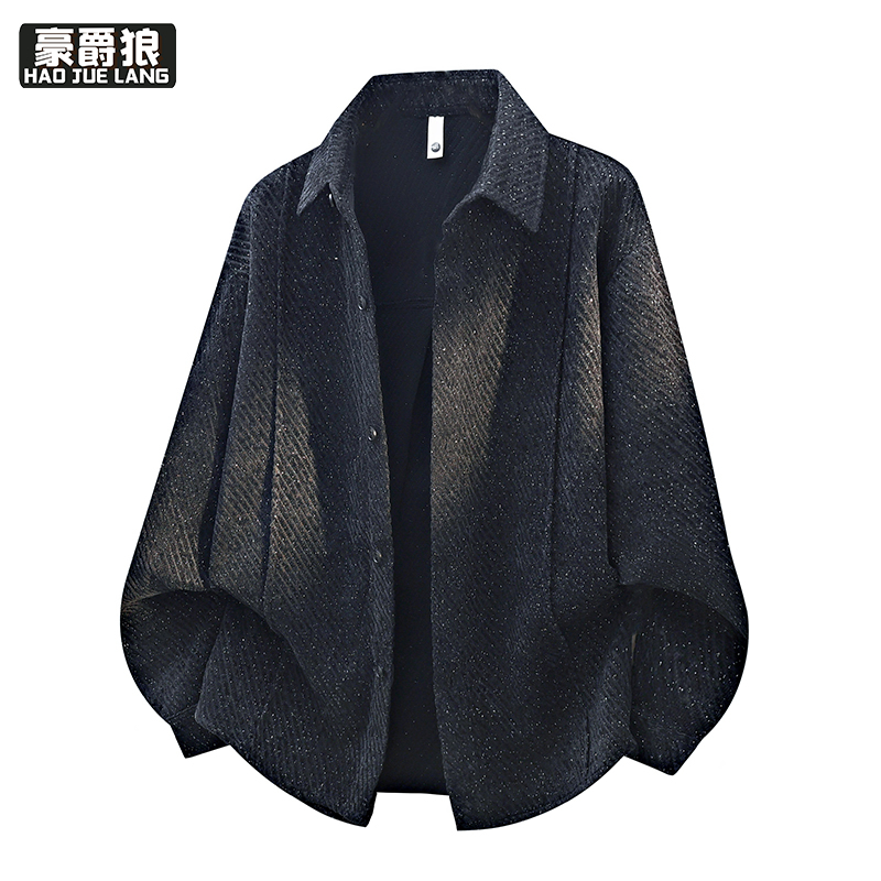 13256241.美式风复古外套男春秋季新款翻领潮流上衣服宽松单排扣设计感夹克