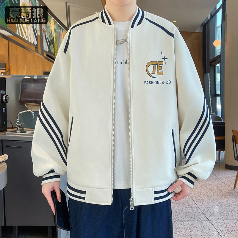 13256220.美式复古条纹棒球服男春秋季新款宽松潮牌夹克青少年刺绣休闲外套