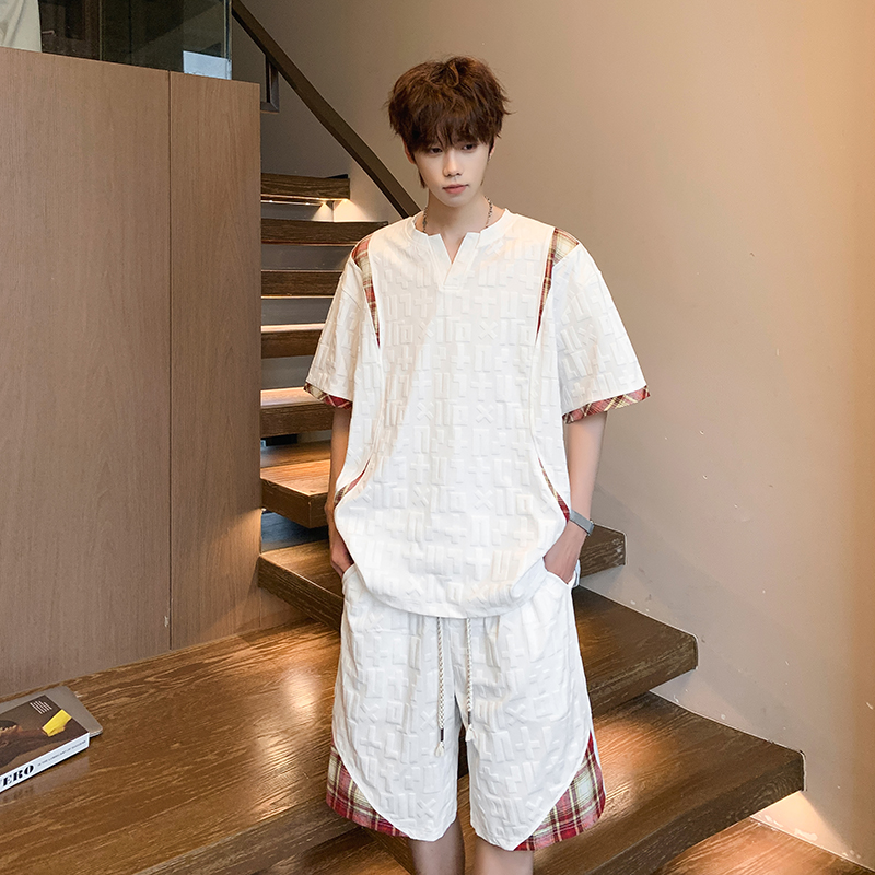 13255841.季婕夏季上新男式宽松潮流拼接格纹休闲套装【季婕男装XJ】