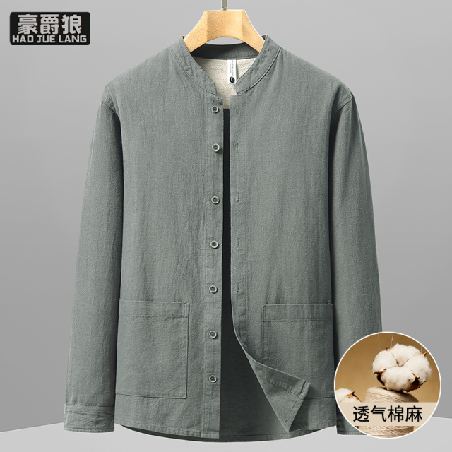 13256299.棉麻夹克男士爸爸新款老钱风春季高级感外套短款百搭休闲