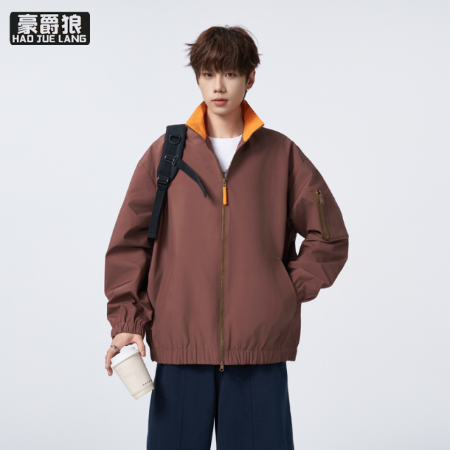 13256237.撞色立领夹克男春秋季新款潮牌美式风衣服拉链宽松青少年外套