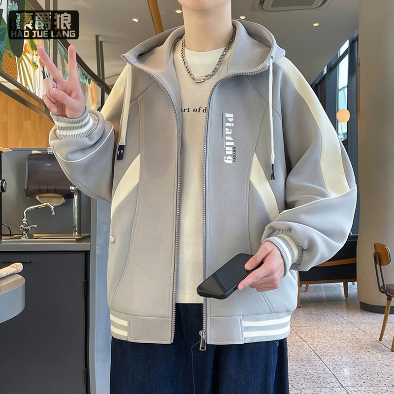 13256223.美式拼接外套男春秋季新款宽松休闲连帽棒球服青少年运动夹克