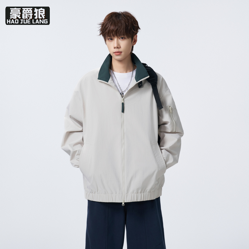 13256237.撞色立领夹克男春秋季新款潮牌美式风衣服拉链宽松青少年外套